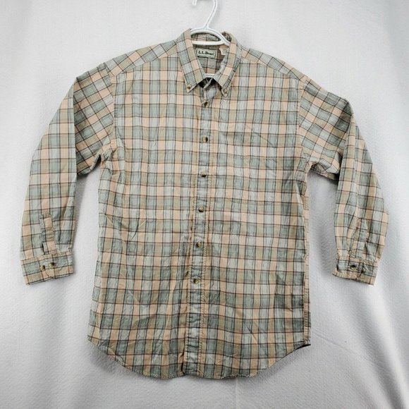 L L Bean Shirt Men's 3/4 Sleeve Button Up Reg Fit Plaid Green Blue Cream Medium - Picture 2 of 12